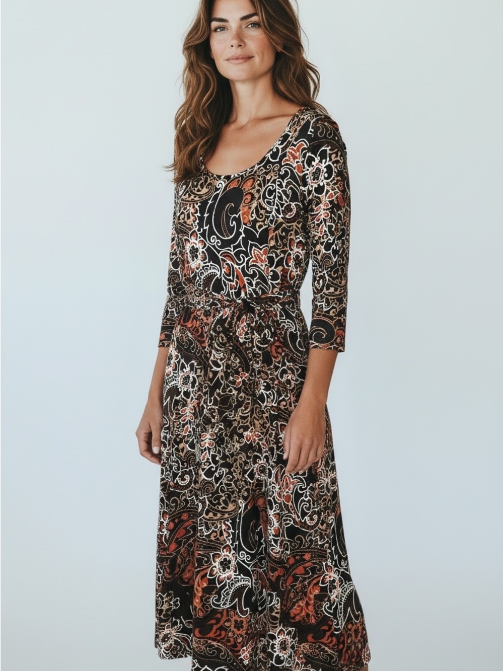 Nina Leonard Black and Rust Paisley Scoop-Neck Midi Dress